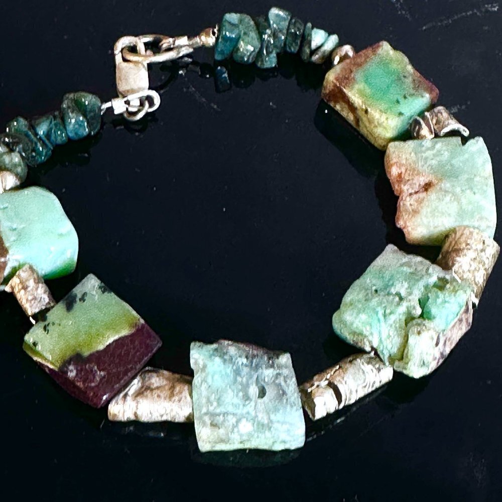 Genuine Emerald Gemstone Chrysoprase XL Sterling Silver Beaded Bracelet 925